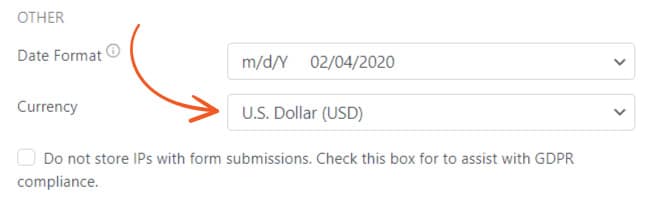 New eCommerce Features from Formidable Forms Plugin currency option