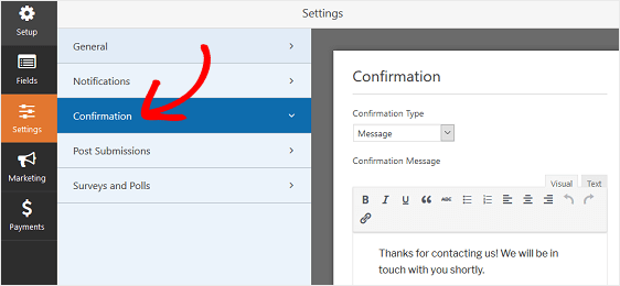 WPForms Confirmation settings