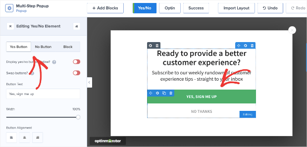 Yes/No editing tools in OptinMonster - How To Increase Conversions with Easy Multi-Step Popups with Yes/No campaign