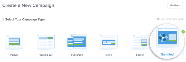 Choose the Campaign type - Gamified - OptinMonster