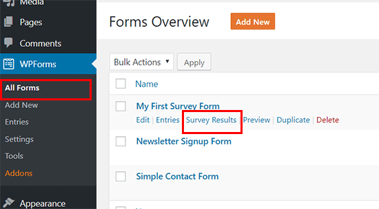 View survey results - WPForms - Niranninja