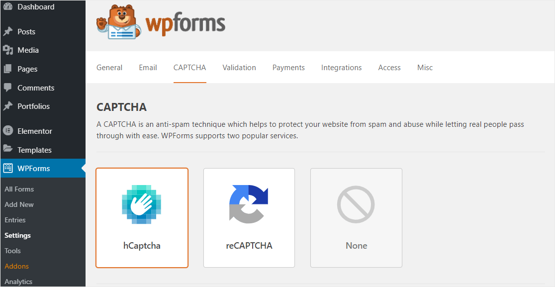 hCaptcha option inside WPForms