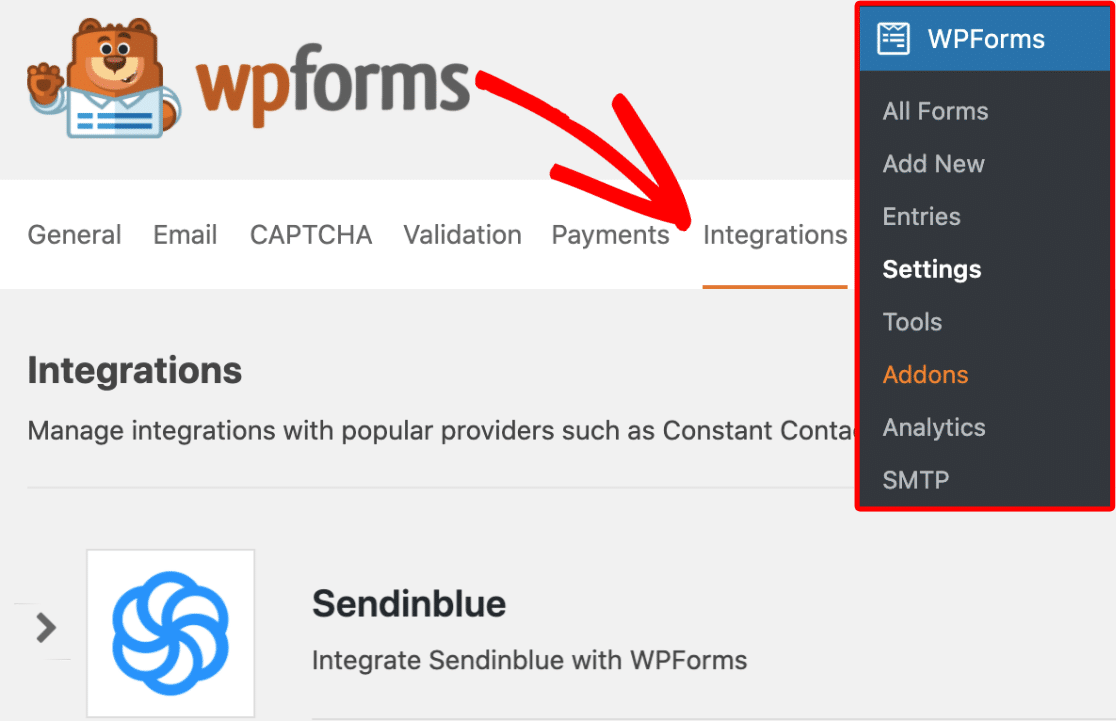 WPForms Sendinblue Integration tab 