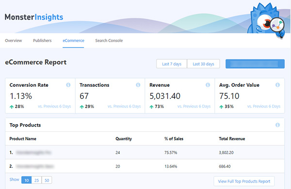 MonsterInsights New E-commerce Tracking For WordPress - eCommerce report